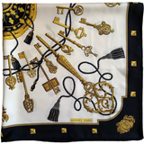 Hermès Authentic Les Clefs Keys Cathy Latham Silk Twill Gold & Black Square