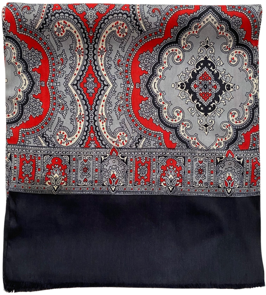 Grey & Red  Art Nouveau Printed  Silk Mix Mens Colourful Vintage Scarf