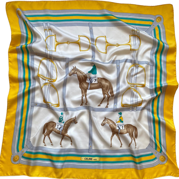 Celine Paris Equestrian Designer Vintage White & Vivid Yellow Silk Scarf