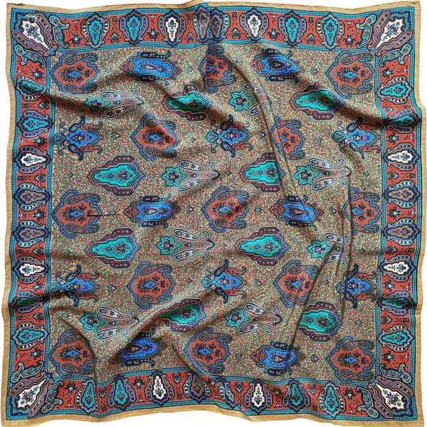 Vintage Art Nouveau Paisley Brown & Blue Intricate Pure Silk Scarf
