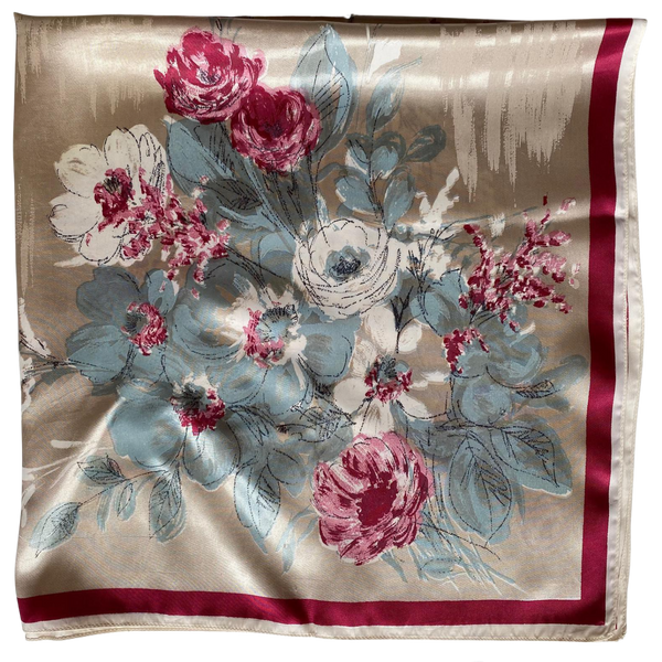 1950s Pretty Pink & Cream Vintage Floral Painted Satin Scarf