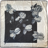Vintage Black & White Satin Floral Print 1950s Head Square Scarf