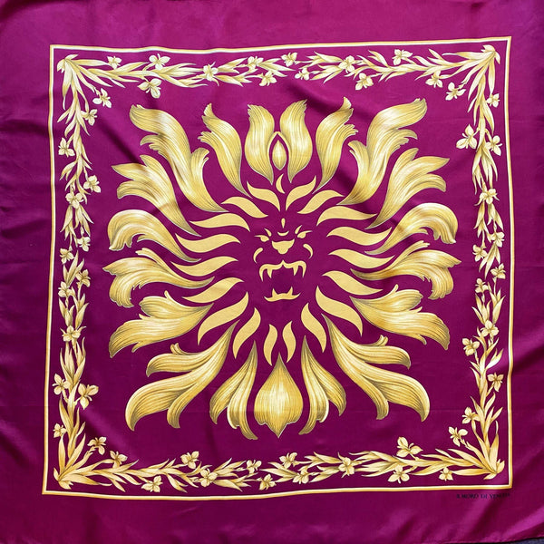 Novelty Dark Red & Gold Lion Print Large Silk Scarf