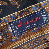 Vintage Navy Blue Hemley Silk & Wool Paisley Intricate MOD Original Printed Mens Colourful Oblong Scarf