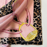 Vintage Equestrian Pink Designer Opulent Leopard Print Neck Hand Rolled Square Pure Silk Scarf